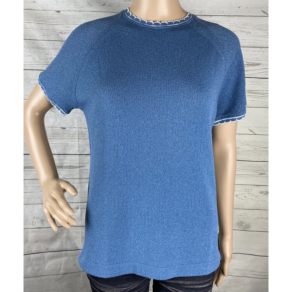 True Vintage Talbott Sweater Size 36 Medium Blue White Scallop Trim Full Fashion